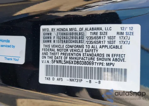 2013 Honda Odyssey Ex-L z USA, uszkodzony, nr VIN 5FNRL5H6XDB038069